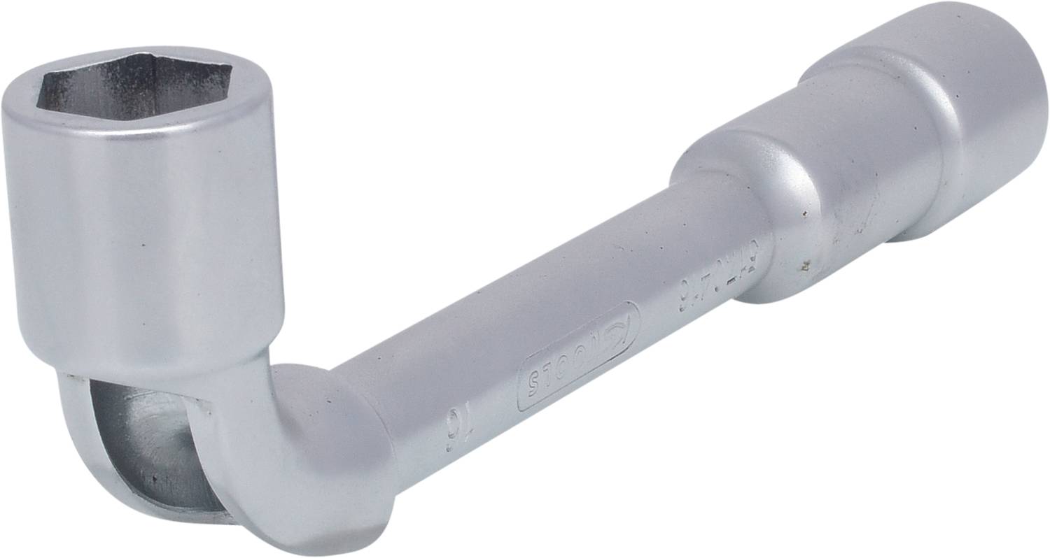 Ein silberner Winkelschraubenschlüssel mit sechseckiger Öffnung.