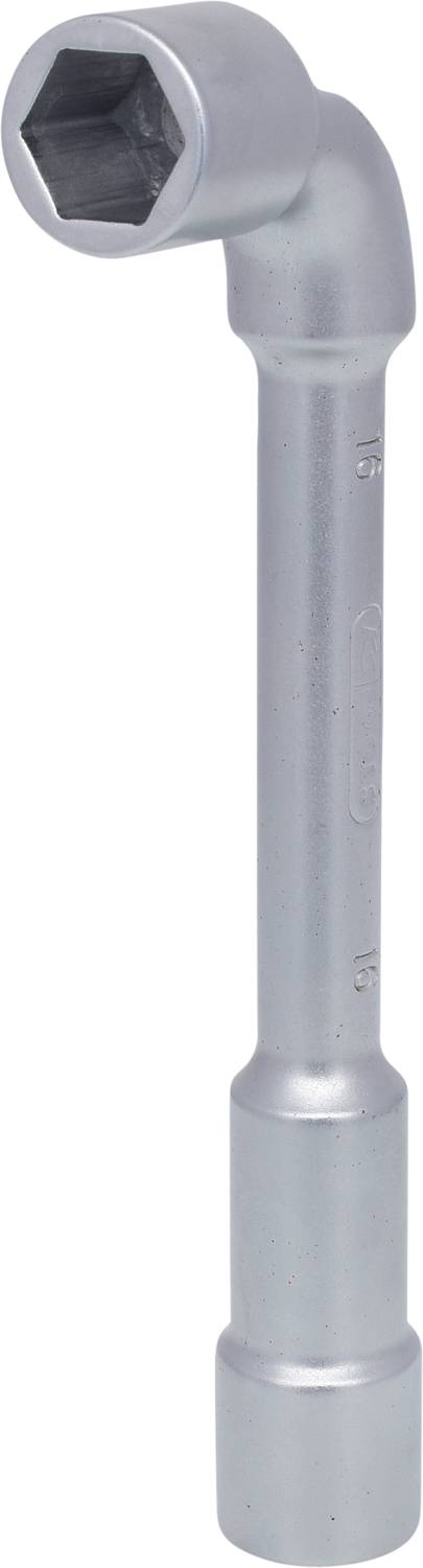 Ein silberner Winkelschlüssel mit Sechskantkopf, geeignet zum Anziehen oder Lösen von Schrauben in schwer zugänglichen Bereichen.