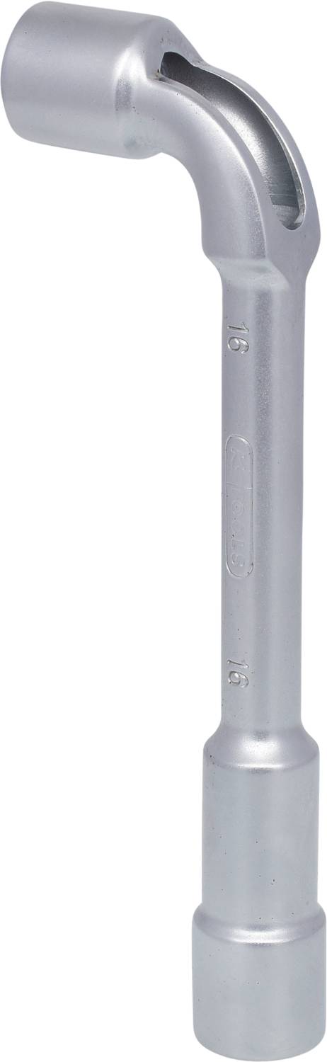 Ein silberner Sechskantschlüssel mit gebogenem Ende, geeignet zum Lösen oder Festziehen von Schrauben oder Muttern.