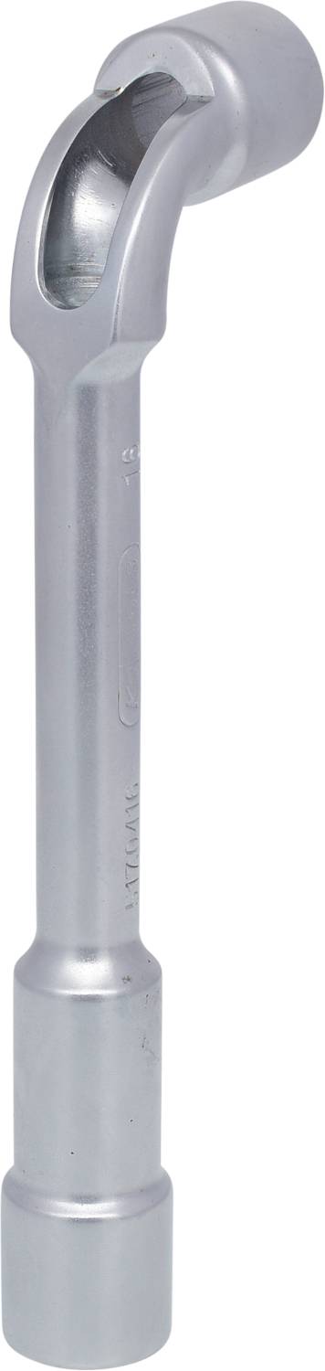 Ein silberfarbener Drehmomentschlüssel, teils hohl, mit langem Griff und einem abgewinkelten Endstück für bessere Hebelwirkung beim Anziehen von Muttern oder Schrauben.