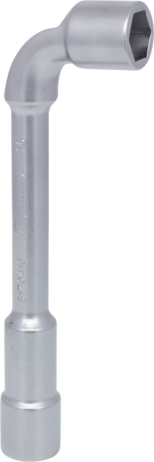 Ein silberfarbener Winkelschlüssel mit sechskantiger Öffnung, geeignet zum Anziehen von Muttern oder Schrauben.