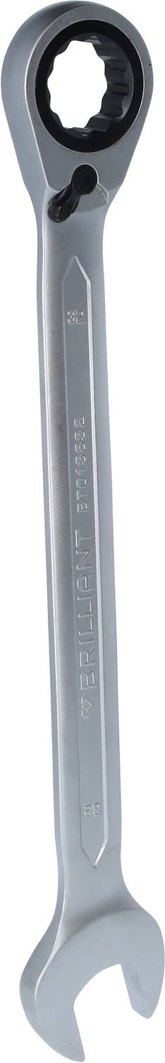 Ein silberfarbener Maulschlüssel mit Ratschenmechanismus, geeignet für Schraubarbeiten zur Befestigung oder Lockerung von Muttern und Schrauben.