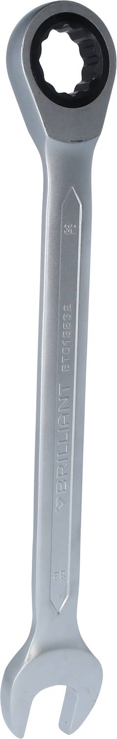 Ein silberner Maul-Ringschlüssel mit schwarzer Ratsche, geeignet für Arbeiten an Schrauben und Muttern.