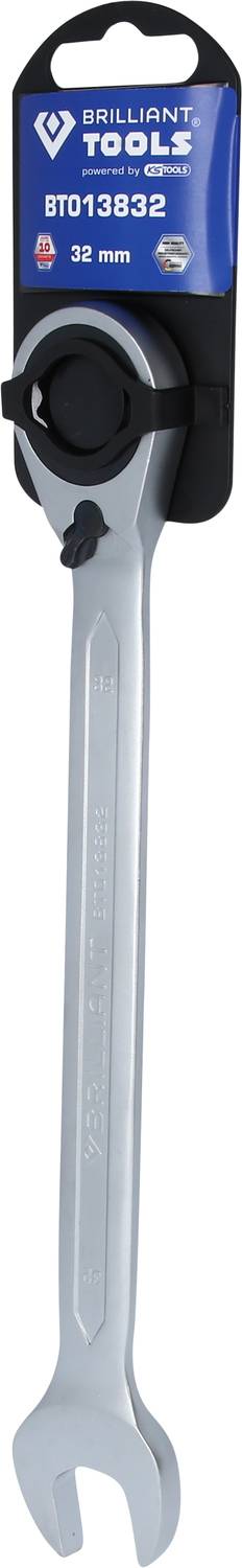 Gabelschlüssel mit Ratsche, Größe 32 mm, von Brilliant Tools. Silbernes Werkzeug mit schwarzem Ratschenkopf. Verpackungsetikett oben.