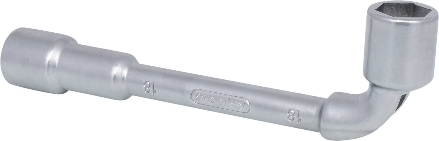 Ein silberner Winkelschraubenschlüssel mit zylindrischem Kopf, der für schwer zugängliche Muttern gedacht ist.