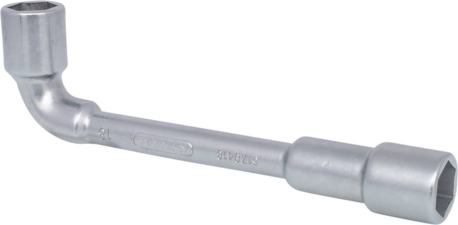 Silberfarbene Winkelschraubenschlüssel aus Metall mit zwei unterschiedlich großen Sechskantenden.