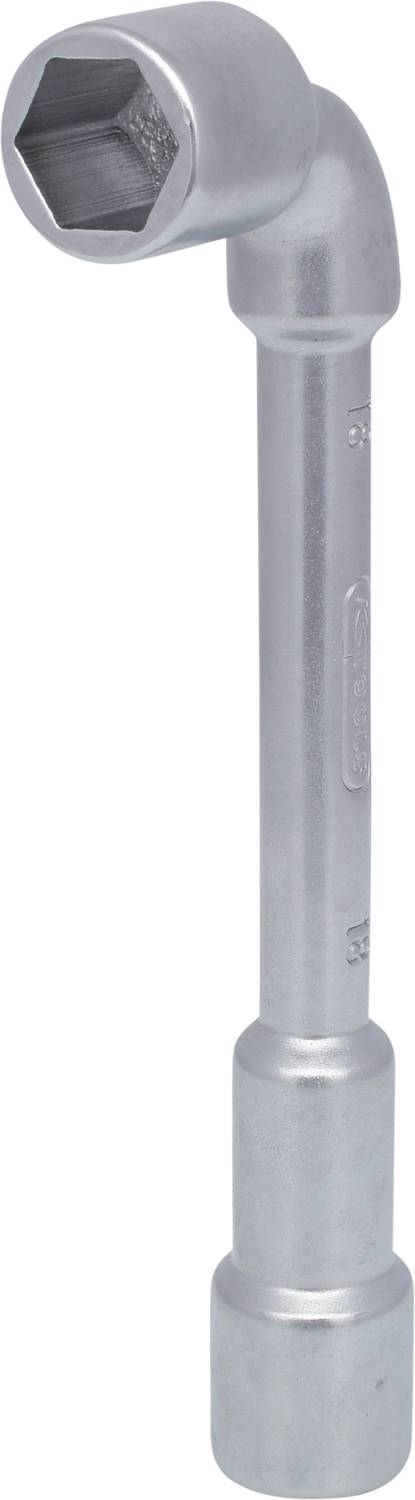 Ein verchromter Winkelschlüssel mit Sechskantkopf, der zur Befestigung von Schrauben an schwer zugänglichen Stellen verwendet wird.
