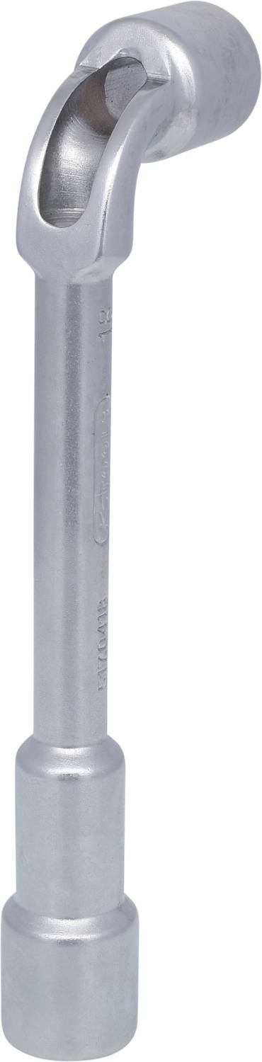 Ein silberner Schraubenschlüssel mit abgewinkeltem Griff und runder Öffnung, geeignet für Arbeiten an schwer zugänglichen Stellen.