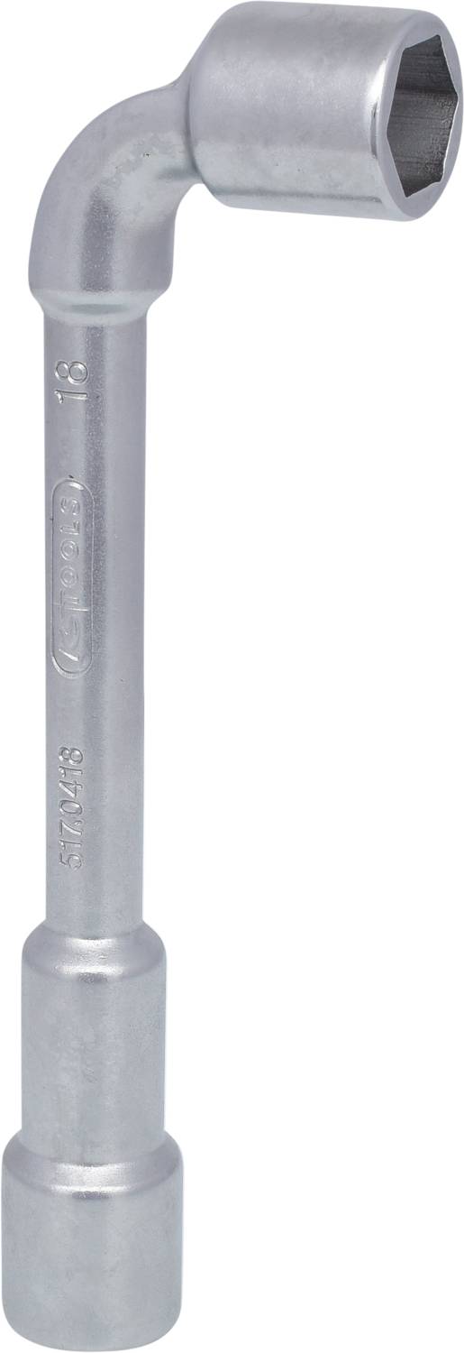 Ein silberner Winkelschraubenschlüssel mit sechskantiger Steckform, hauptsächlich zum Lösen oder Anziehen von Schrauben und Muttern verwendet.