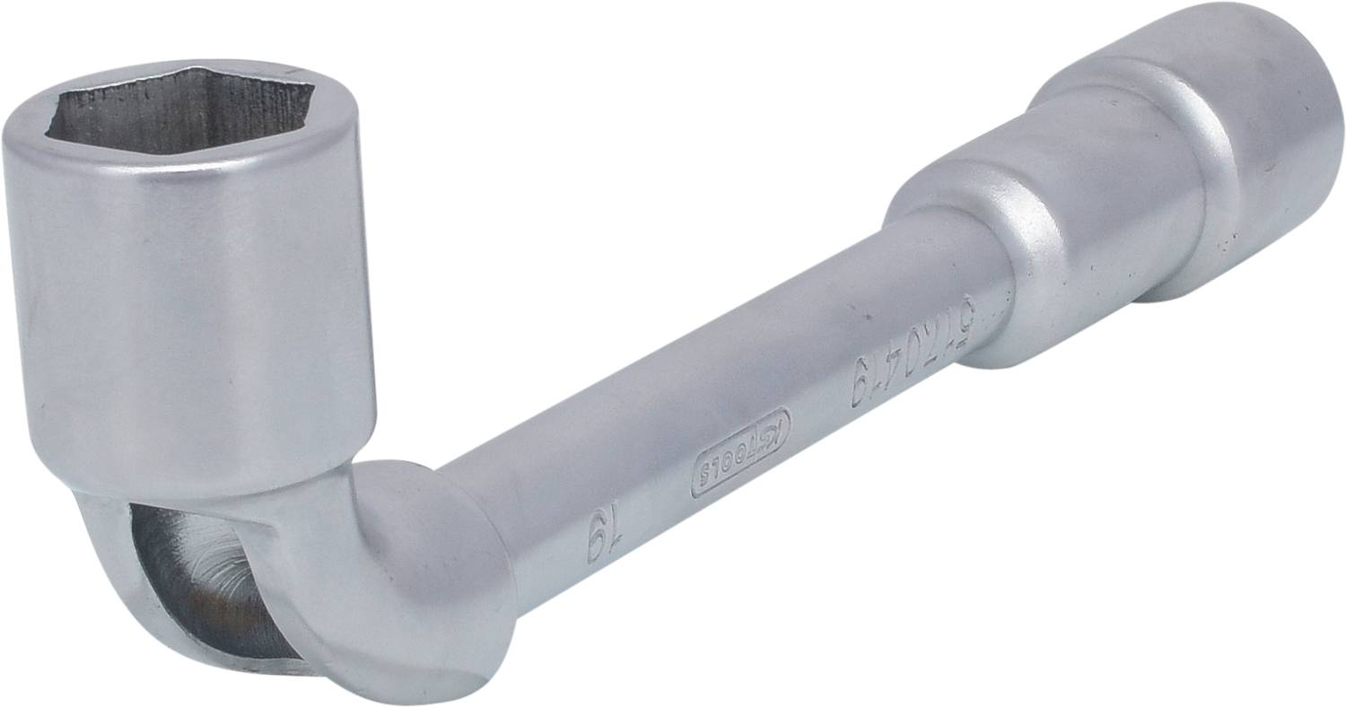 Ein silberfarbiger Winkelschlüssel mit sechseckiger Stecknuss. Geeignet für schwer zugängliche Schrauben in Kfz- oder Maschinenbau.