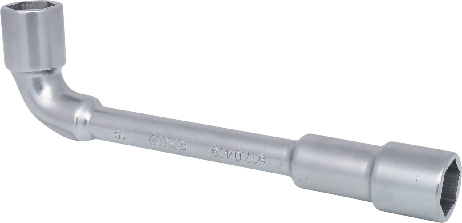 Ein silberner L-Schlüssel mit zwei unterschiedlichen Steckgrößen an den Enden, verwendet zur Befestigung oder Lockerung von Schrauben.