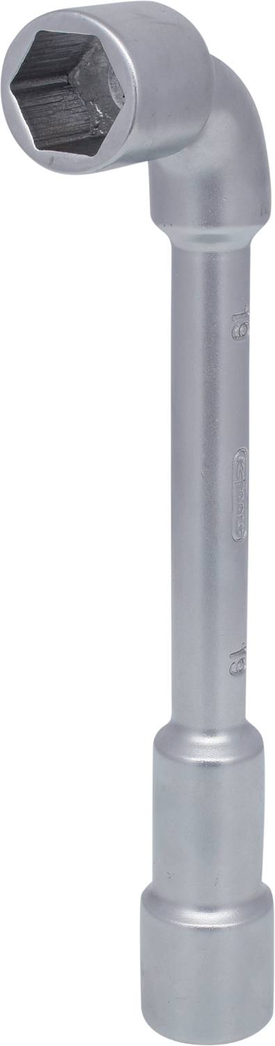 Ein silberfarbener Winkelschlüssel, sechskantig, zum Lösen oder Anziehen von Schraubenmuttern in schwer zugänglichen Stellen.