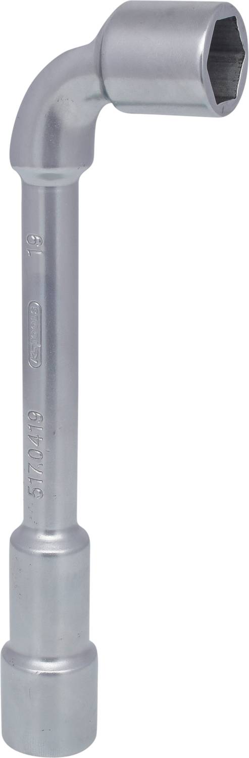 Ein verchromter Doppelsteckschlüssel mit abgewinkeltem Sechskantkopf, häufig für Wartungsarbeiten an Maschinen oder Kraftfahrzeugen verwendet.