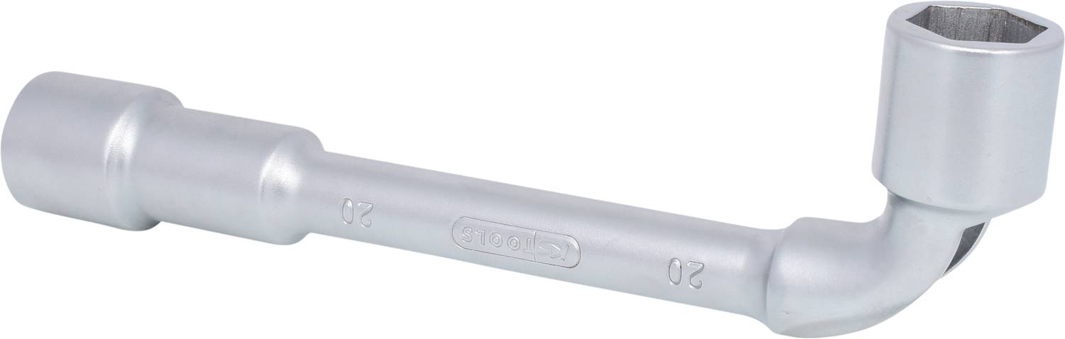 Ein silberfarbener Winkelschraubenschlüssel mit einem sechseckigen Kopf und einem kurzen Schaft, geeignet zum Lösen von Schrauben.