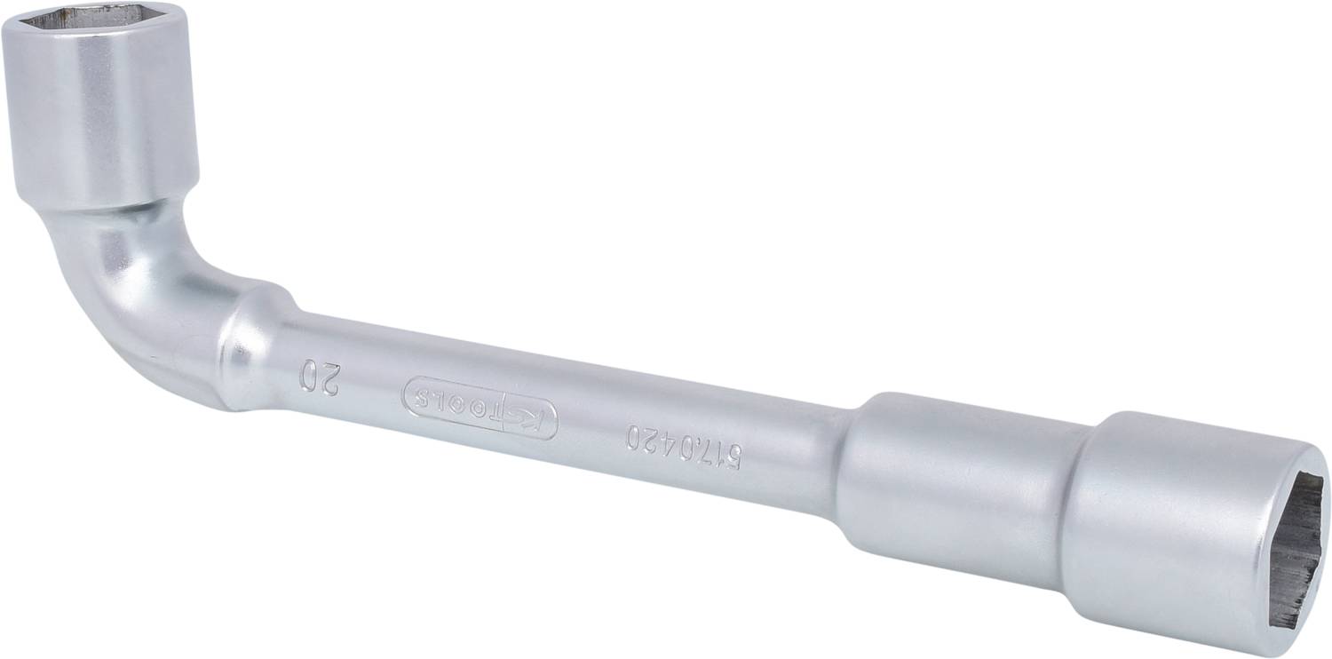 Ein silberner Winkelschlüssel mit zwei Sechskantköpfen, geeignet für Schraubverbindungen an schwer zugänglichen Stellen.