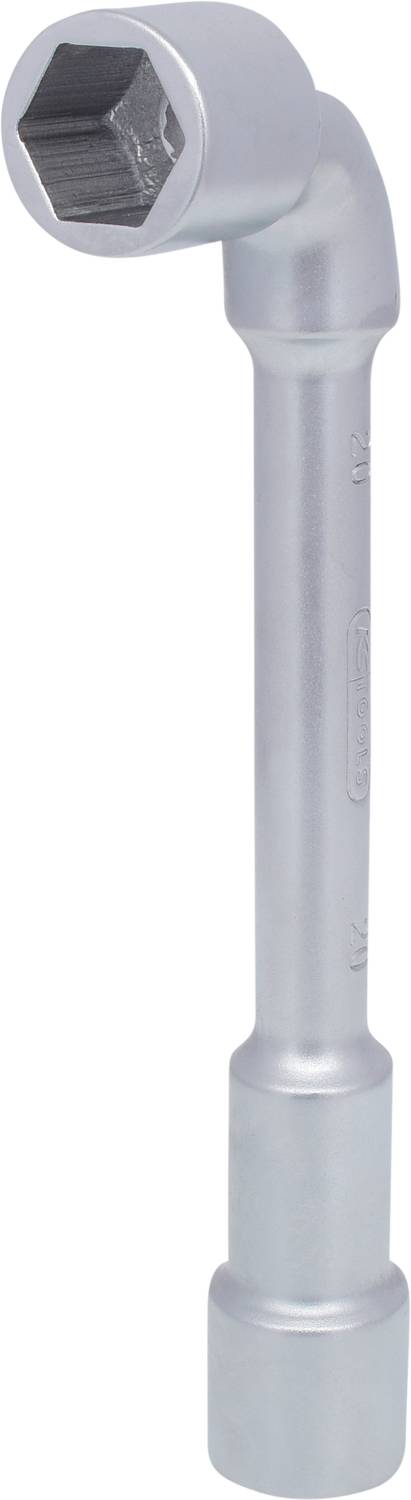 Ein silberfarbener Winkelschlüssel mit sechseckiger Öffnung, hauptsächlich zur Befestigung von Schrauben und Muttern verwendet.