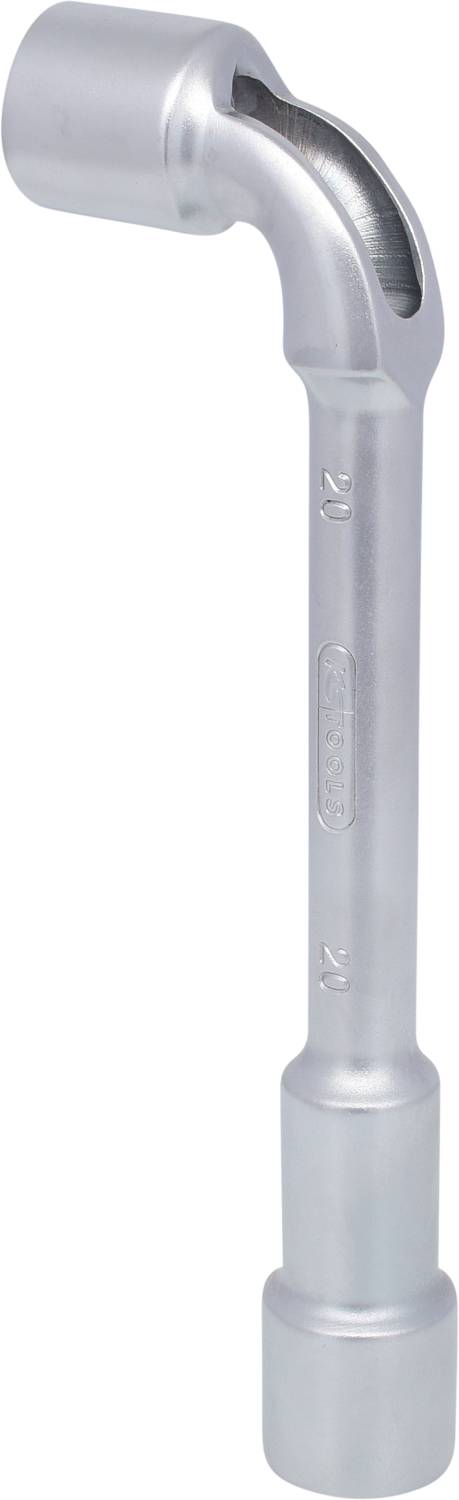 Ein silberner Schraubenschlüssel mit abgewinkeltem Kopf und runder Öffnung, geeignet zum Lösen oder Anziehen von Muttern und Schrauben.