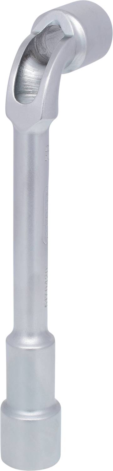 Ein verchromter Winkelschlüssel mit zwei Steckschlüsselenden, verwendet zum Lösen oder Festziehen von Muttern und Bolzen.