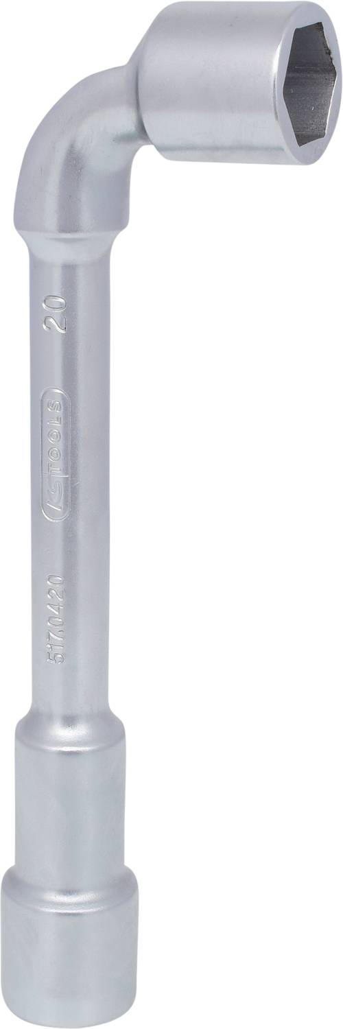 Ein silberner Schlagnuss-Schlüssel mit abgewinkeltem Kopf und Sechskantöffnung, verwendet für schwer zugängliche Schrauben und Muttern.