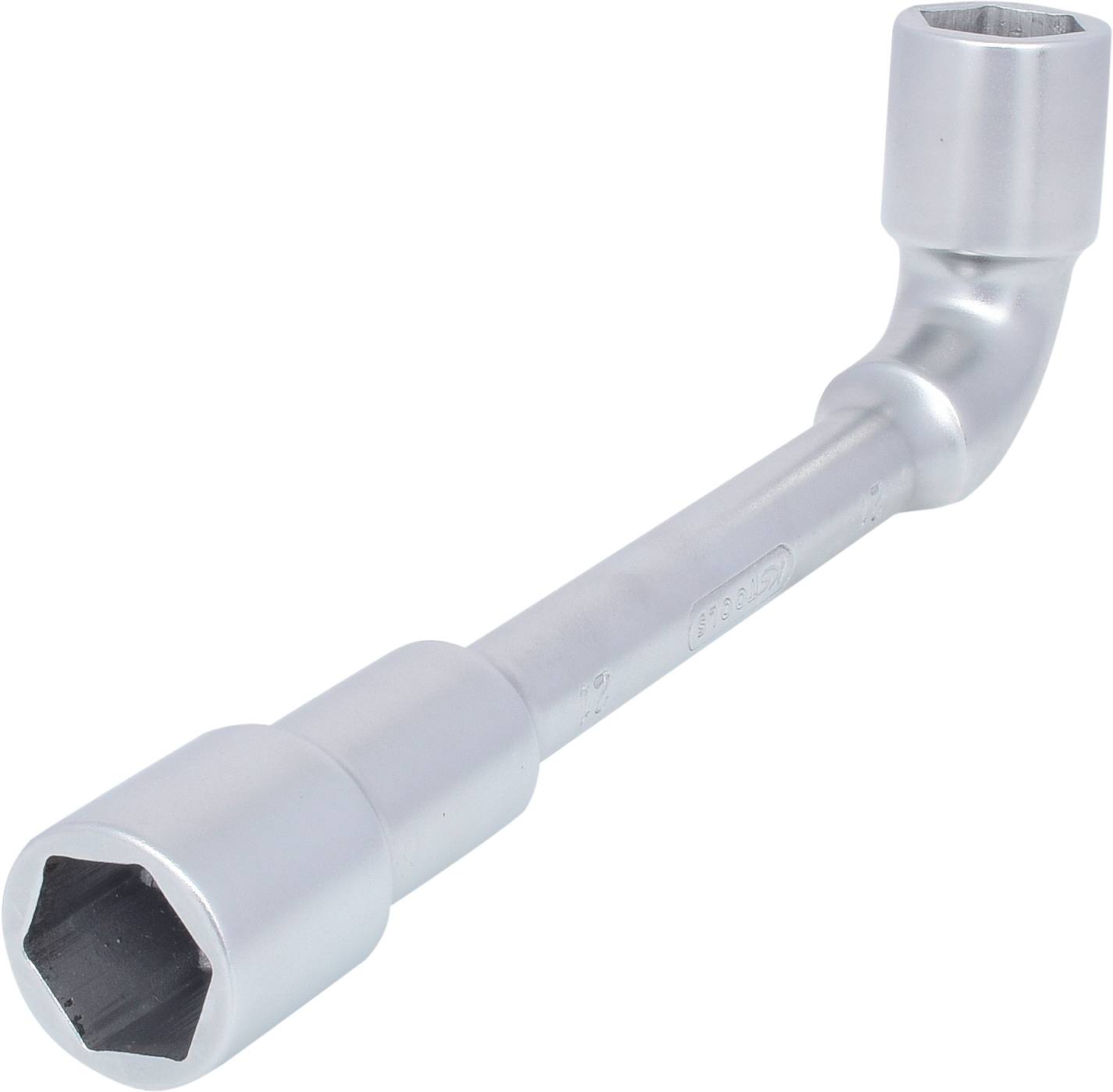 Ein silberner Winkelschlüssel mit zwei Sechskantköpfen, einer gerade und der andere abgewinkelt, zur mechanischen Wartung verwendet.