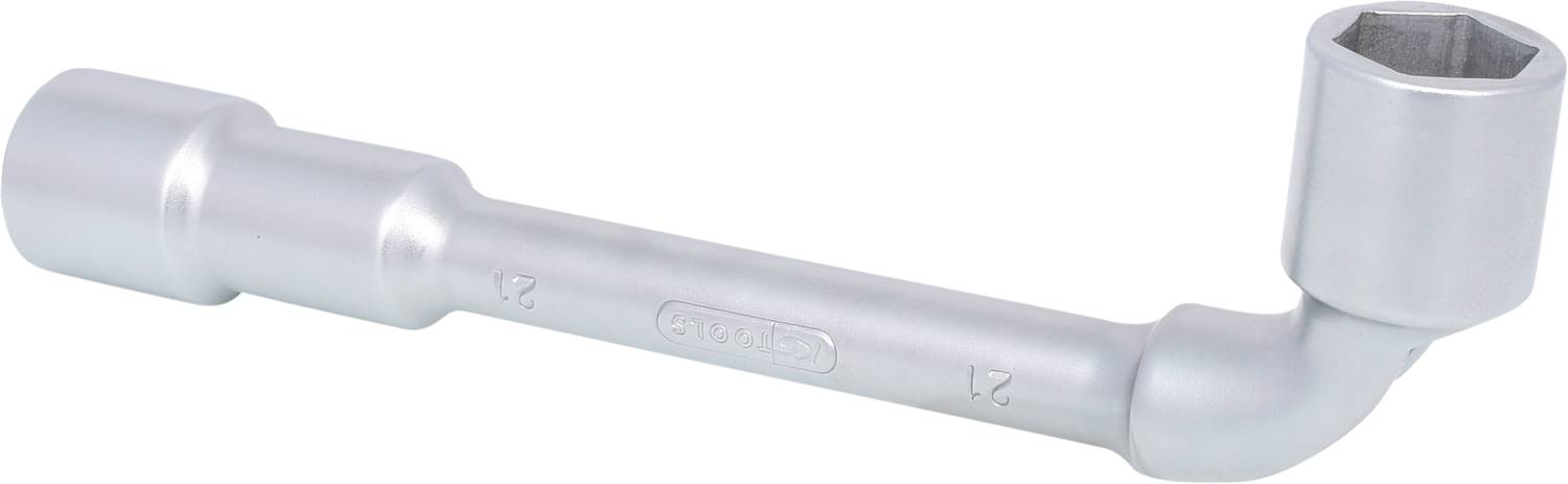 Ein silberfarbener Rohrsteckschlüssel mit einer langen, gebogenen Form. Geeignet zum Lösen oder Festziehen von Muttern und Schrauben.