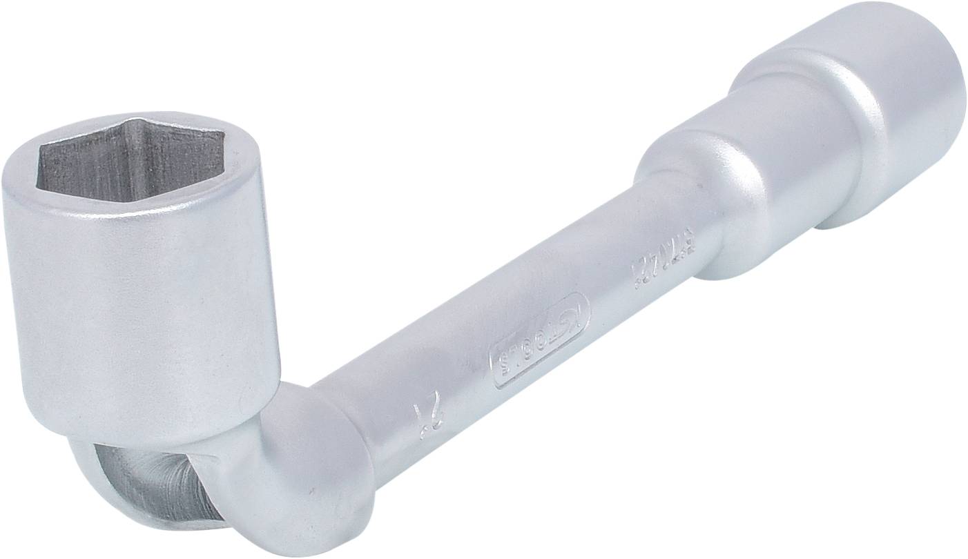 Ein silberner Kerzenschlüssel mit sechseckiger Öffnung, geeignet zum Lösen oder Anziehen von Zündkerzen, auf weißem Hintergrund.