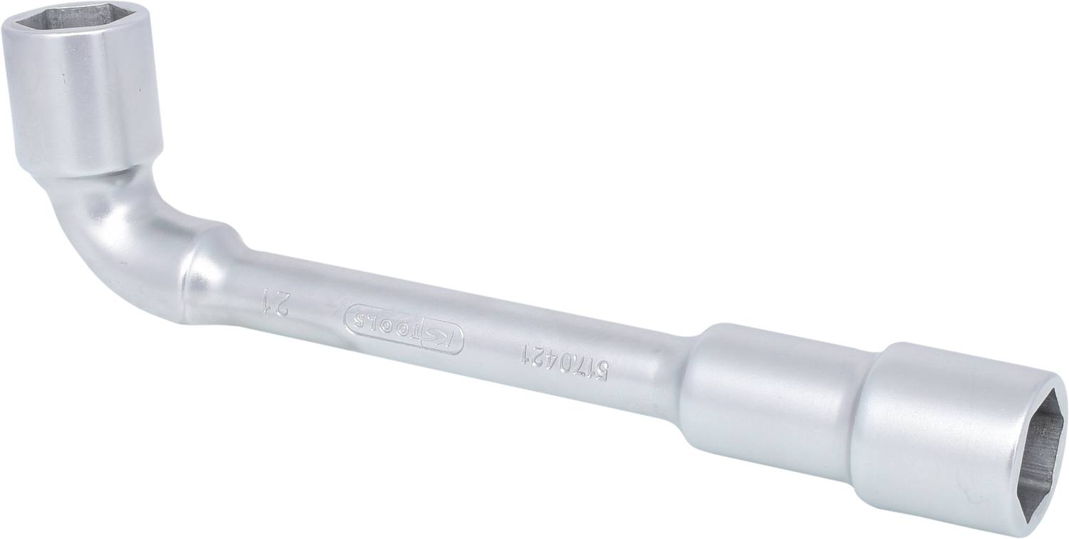 L-förmiger Steckschlüssel aus Metall für mechanische Anwendungen, mit zwei Sechskantöffnungen an den Enden, auf weißem Hintergrund.