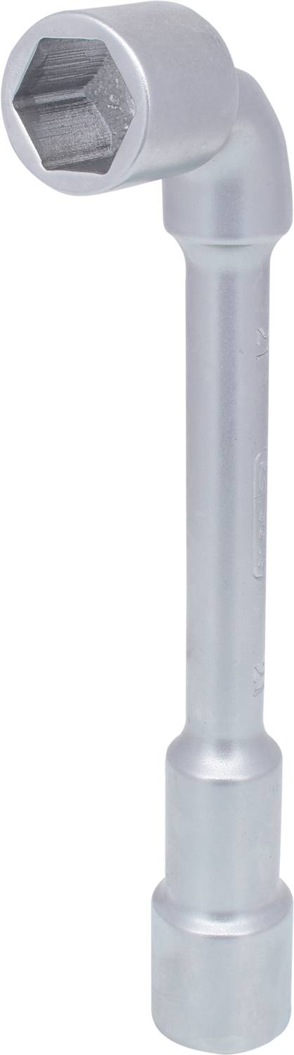 Ein silberner Winkelschlüssel, auch als Sechskantschlüssel bekannt, mit langem Schaft und Sechskantkopf für Muttern.
