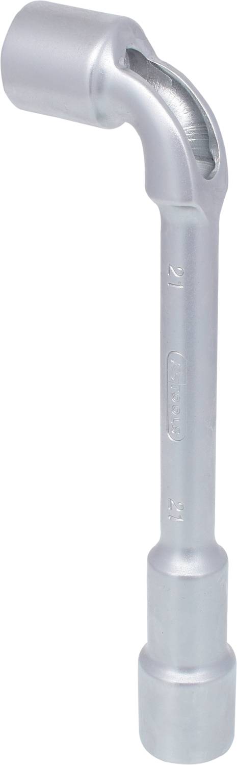 Radschlüssel aus Metall, L-förmig mit zwei unterschiedlich großen Stecknüssen an jedem Ende, zum Lösen oder Anziehen von Reifenmuttern.