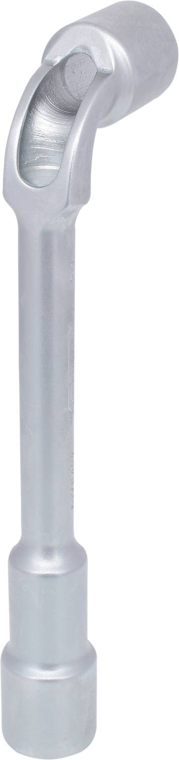 Ein silberner Metallwinkelgriff zum Entfernen von Radmuttern, verwendet als Hebelwerkzeug in Kfz-Reparaturen.