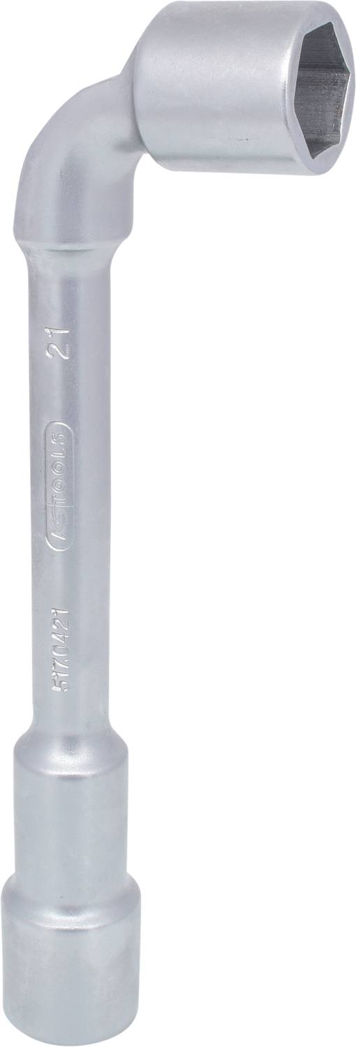 Ein silberner Winkelschraubenschlüssel mit sechseckiger Öffnung, geeignet für Muttern und Schrauben.