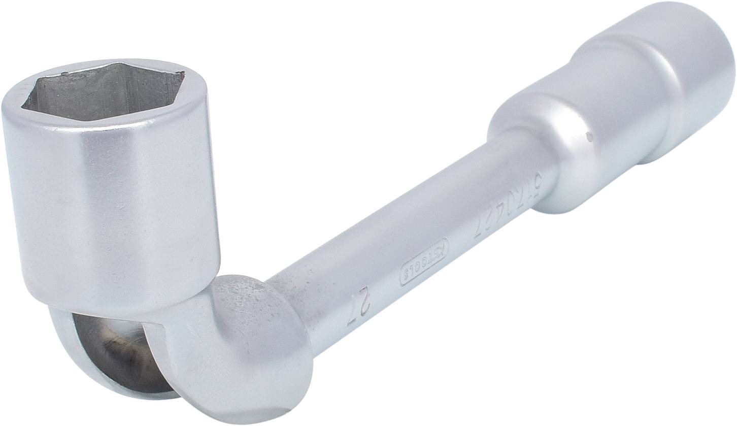 Steckschlüssel mit Winkelgriff, metallisch, zur Anwendung bei schwer zugänglichen Muttern oder Schrauben.