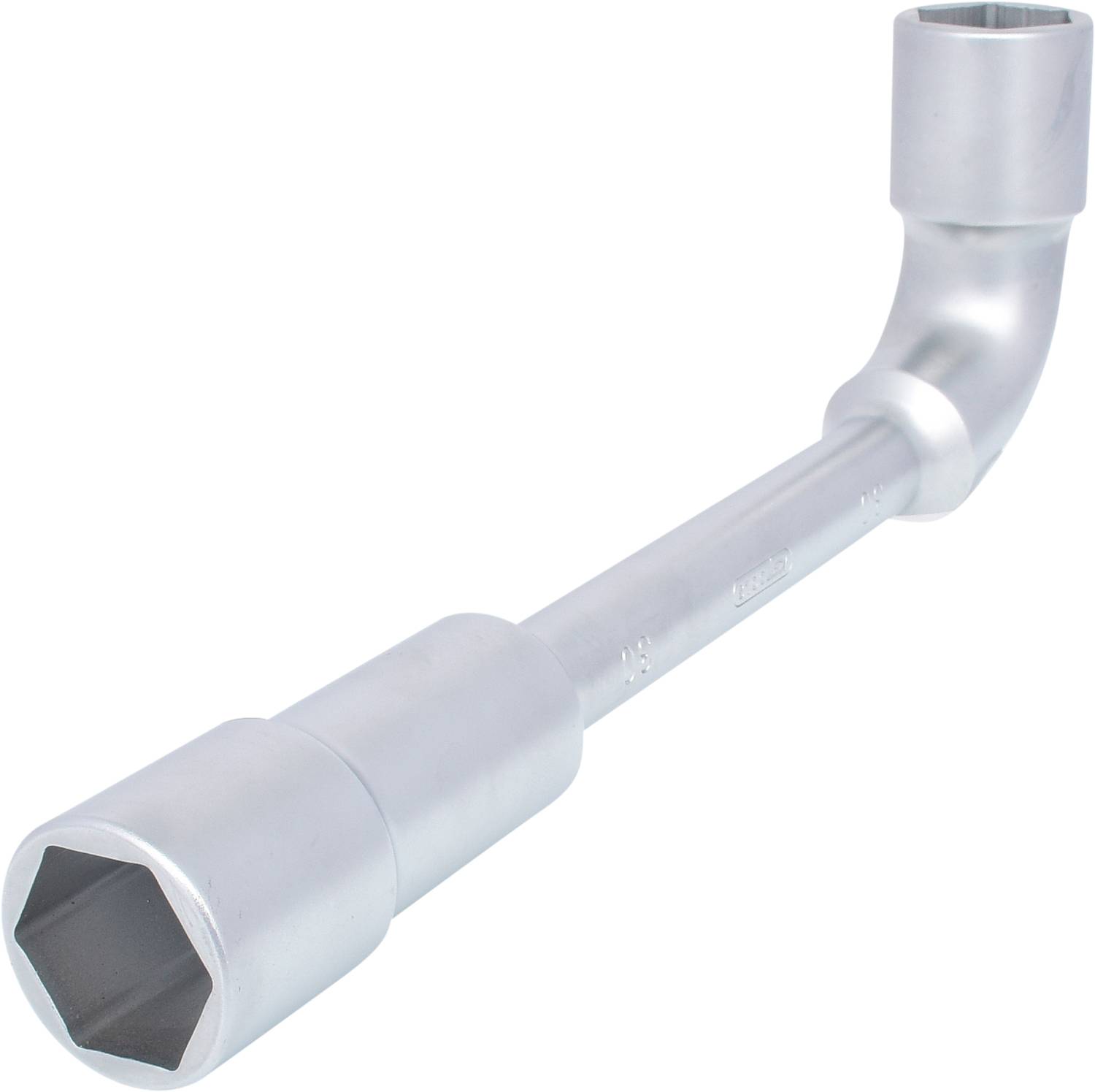 Ein silberfarbener Winkelschlüssel mit unterschiedlich großen Sechskantöffnungen an beiden Enden. Werkzeug zum Anziehen von Muttern.