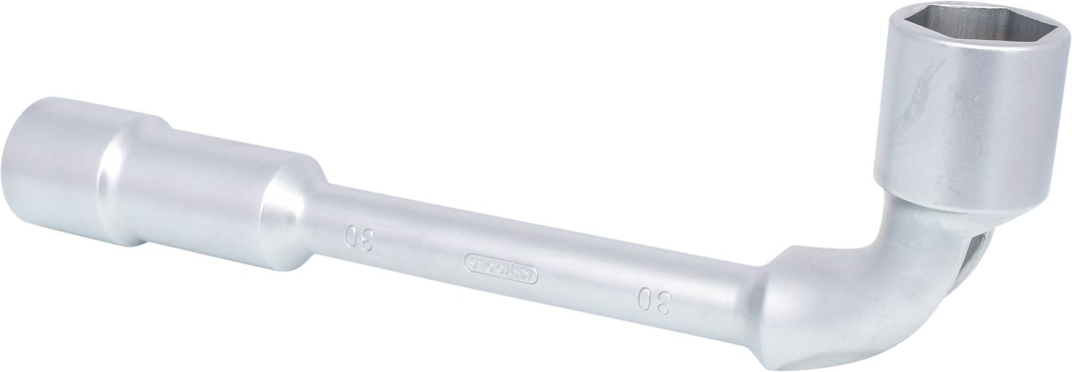 Ein silberner Schlüssel mit abgewinkeltem Ende, geeignet zum Lösen von Schrauben.