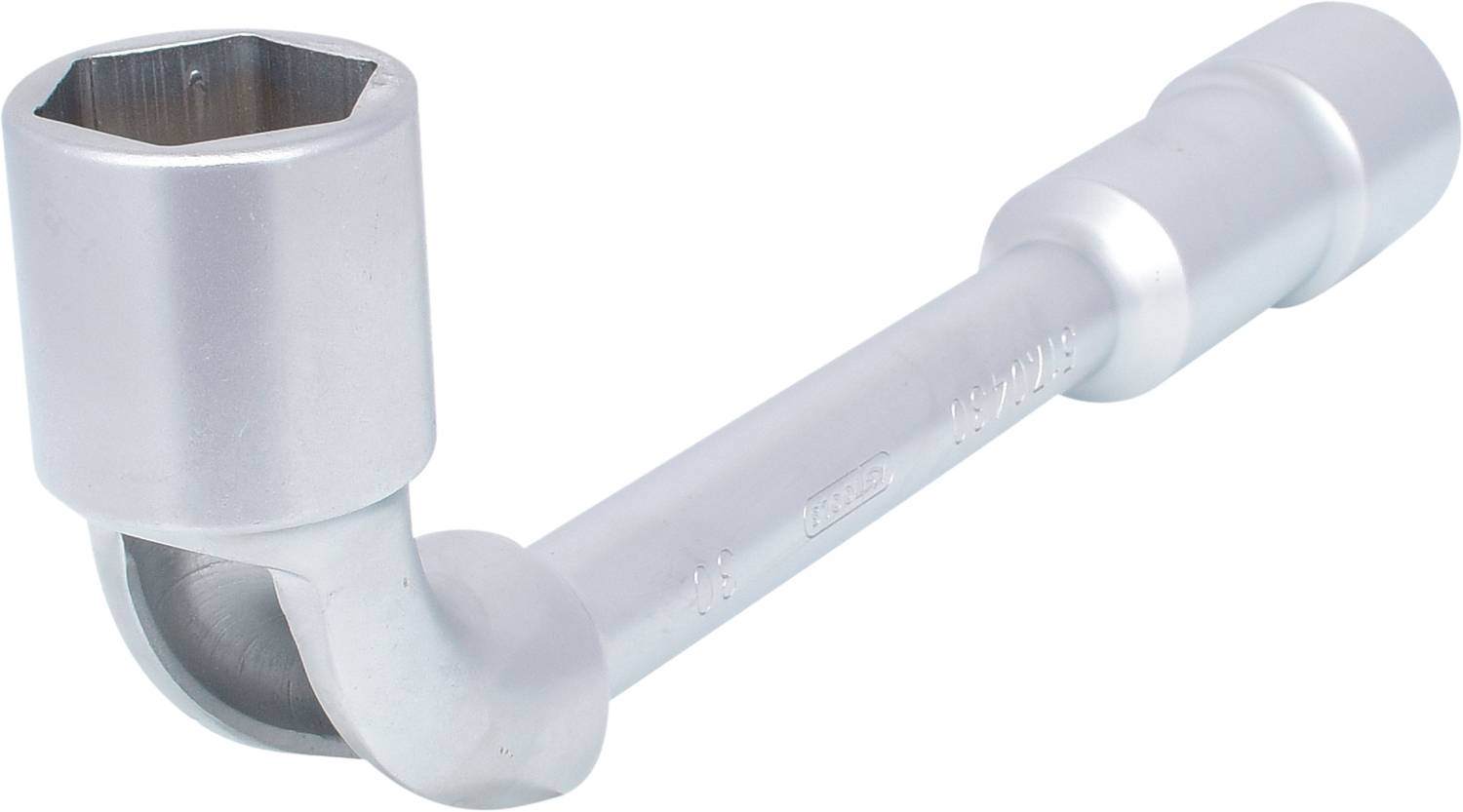 Ein silberner Winkelschraubenschlüssel mit sechseckiger Öffnung zur Verwendung bei schwierig zugänglichen Muttern oder Schrauben.