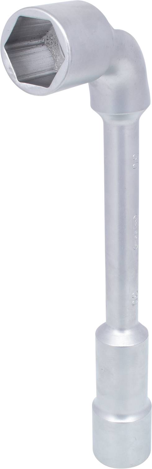 Ein verchromter L-Schlüssel mit sechseckigem Kopf, verwendet zum Anziehen oder Lösen von Schrauben und Muttern.