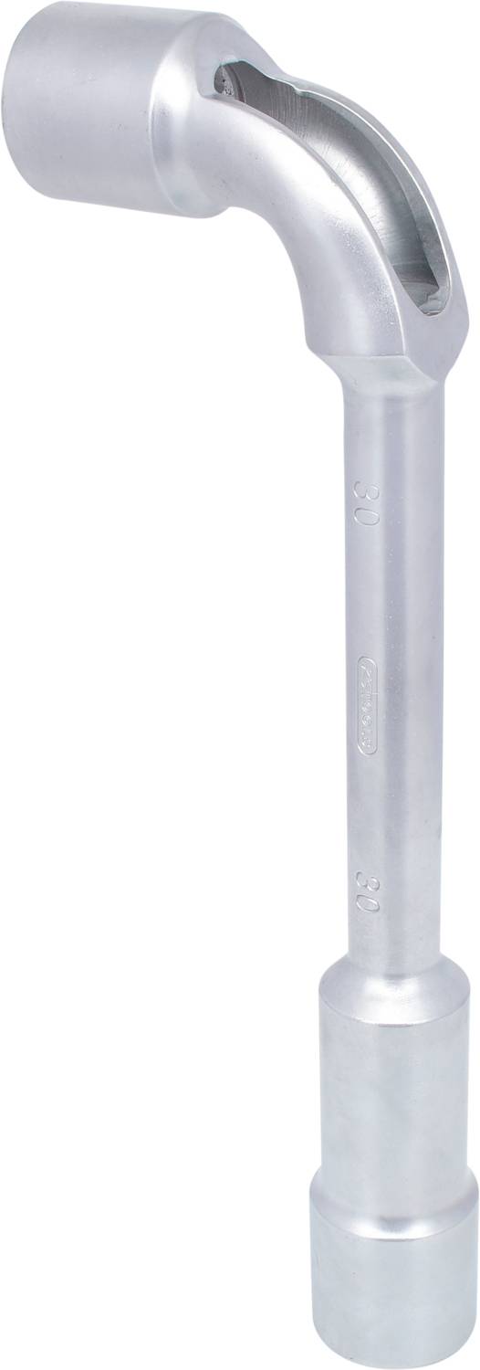 Ein silberner Winkelschlüssel aus Metall mit einem gebogenen Ende, das in einen offenen Steckschlüssel übergeht.