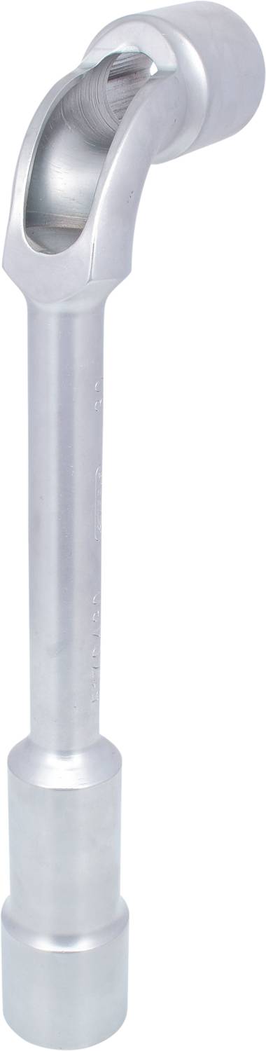 Silberner Metallwinkel mit rundem Kopf und hohlem, gebogenem Griff. Werkstück zur mechanischen Anwendung oder Verbindung.