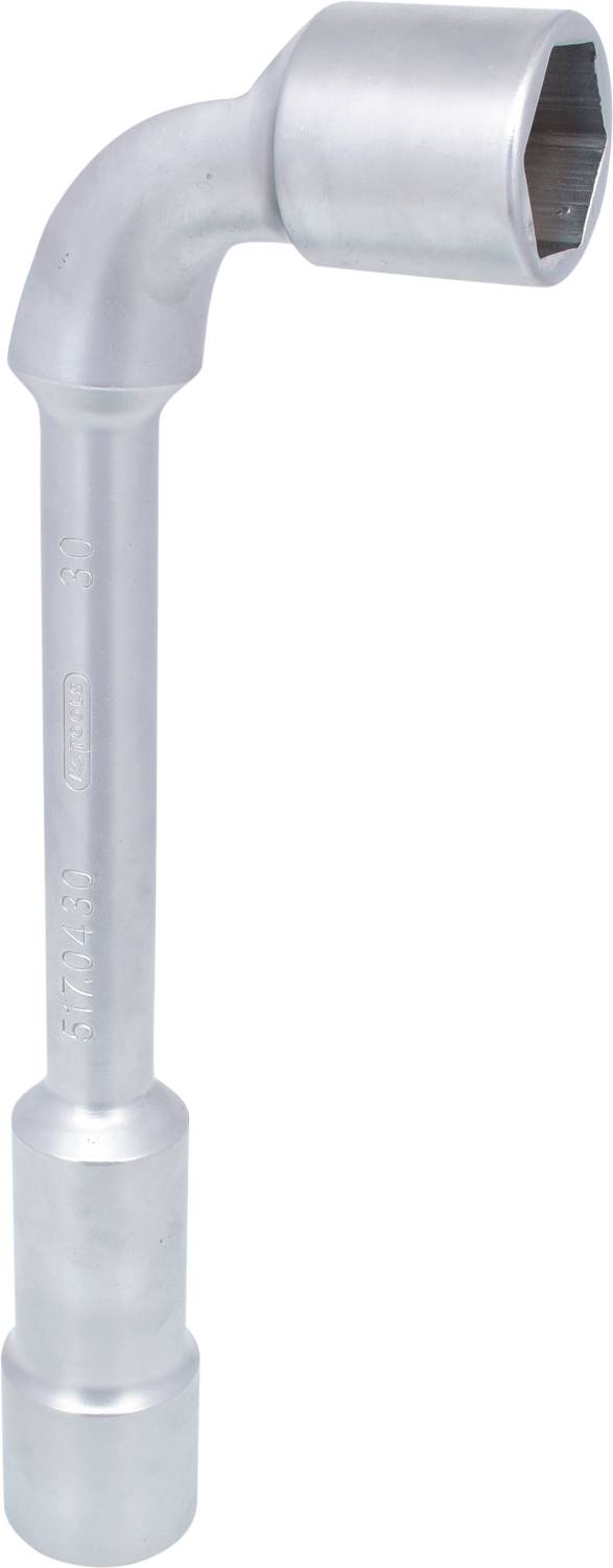 Ein silberfarbener, L-förmiger Steckschlüssel aus Metall, verwendet zum Lösen und Anziehen von Muttern und Schrauben.