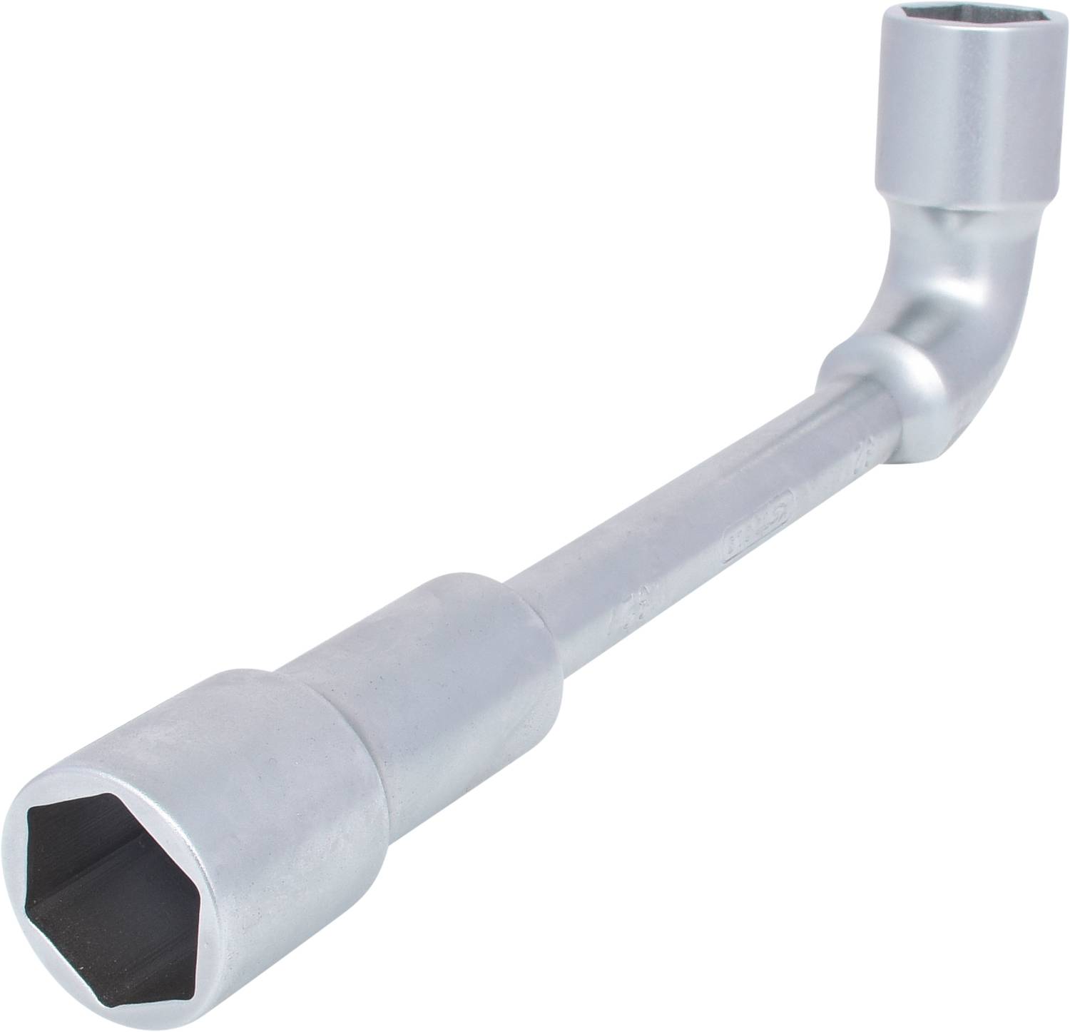 Ein silberner L-förmiger Steckschlüssel mit sechseckigen Enden, geeignet zum Festziehen und Lösen von Schrauben oder Muttern.