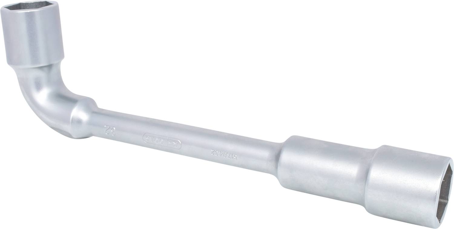 Ein L-förmiger Schraubenschlüssel aus Metall mit zwei Stecknüssen, der für das Lösen oder Anziehen von Schrauben und Muttern dient.