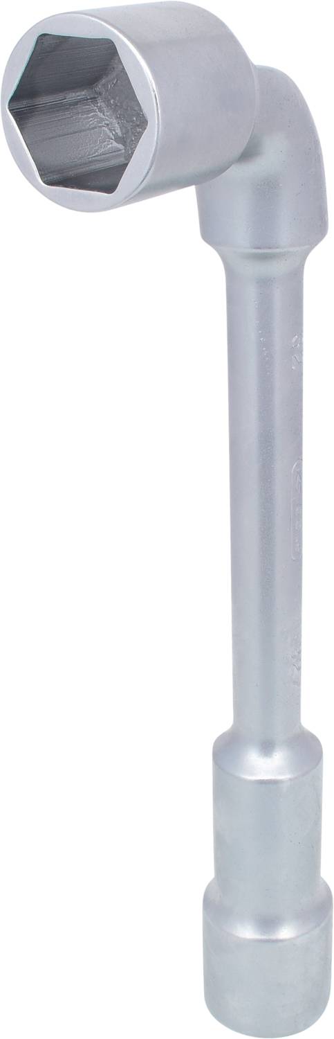 Ein silberfarbener Winkelschlüssel mit sechseckiger Stecknuss am Ende, geeignet zum Festziehen oder Lösen von Sechskantschrauben.