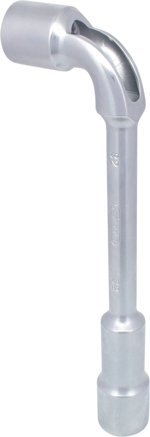 Ein silberner Radmutterschlüssel mit einem abgewinkelten Kopf, der zum Lösen oder Festziehen von Radmuttern verwendet wird.