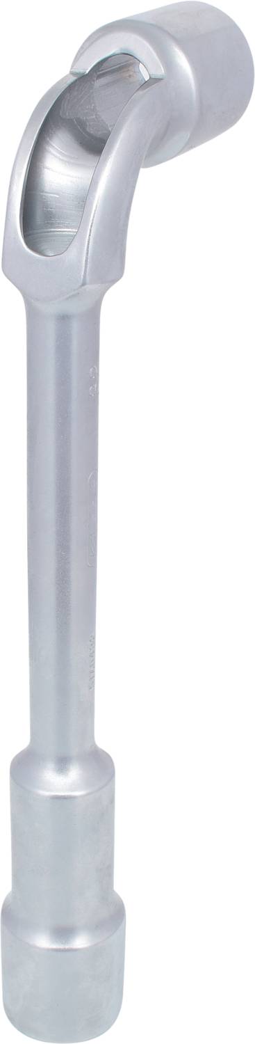 Ein silbernes Drehmomentwerkzeug mit langem Griff und einem offenen, verdrehten Kopf. Geeignet für das Anziehen oder Lösen von Schrauben.