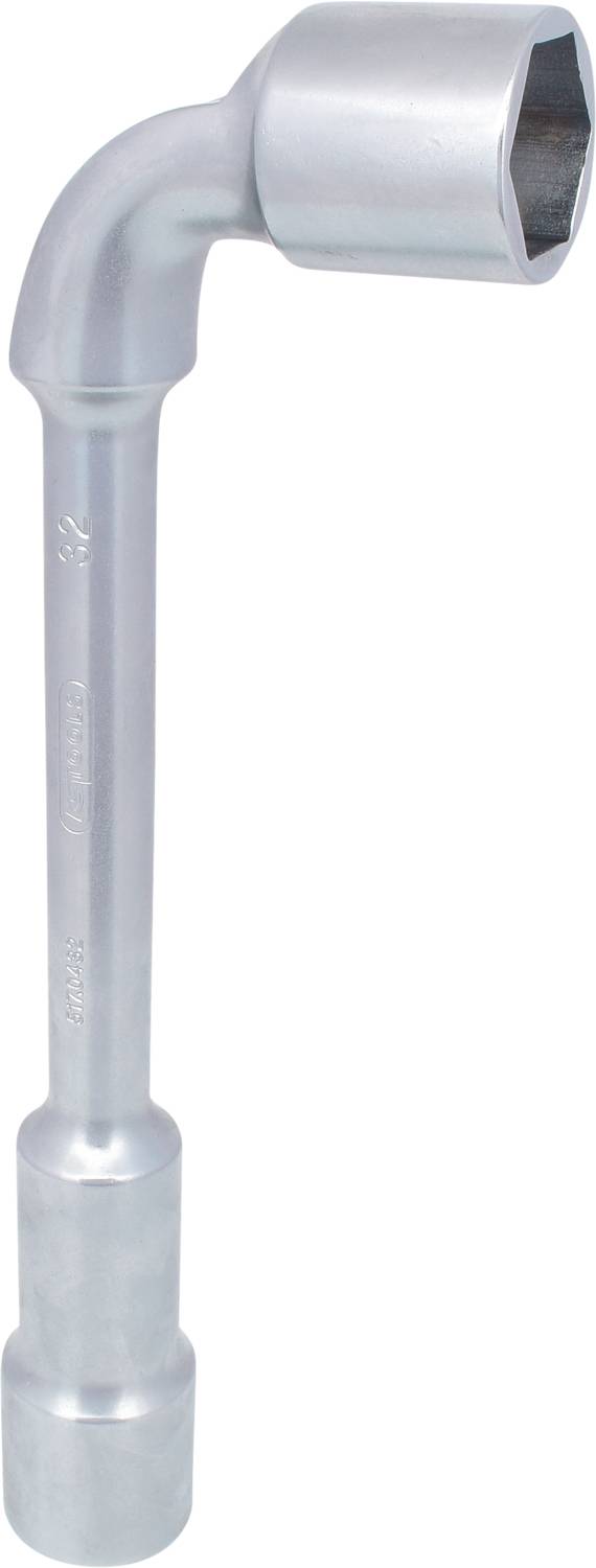 Ein silberner Zündkerzenschlüssel mit gebogenem Griff, geeignet zum Entfernen oder Befestigen von Zündkerzen bei Fahrzeugen.