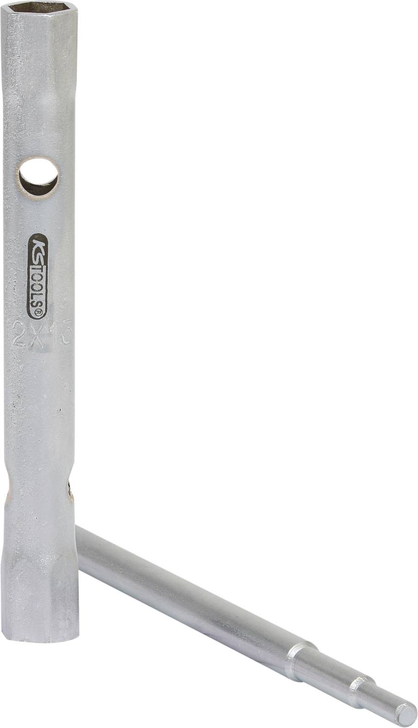 Zwei silberne Zündkerzenschlüssel im rechten Winkel zueinander. Einer steht vertikal, der andere liegt horizontal. Geeignet für Motorreparaturen.