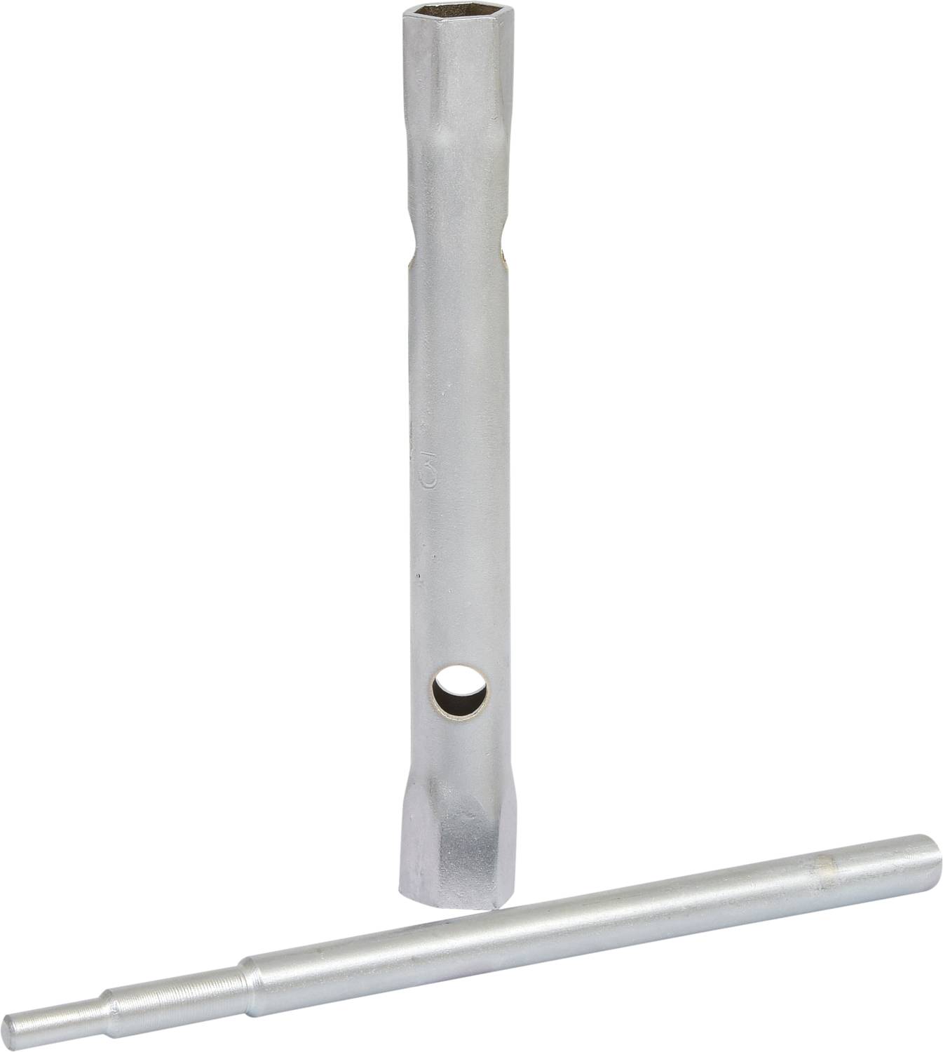 Zwei silberne Stahlrohre, eines senkrecht mit einem Loch in der Mitte, das andere liegt waagerecht darunter.