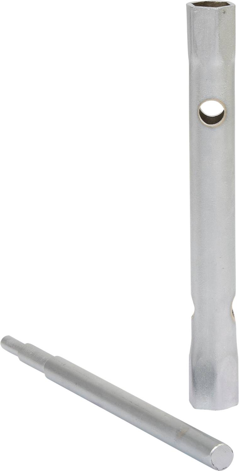 Zwei silberne Metallrohre, eines stehend mit einem Loch, das andere liegend. Sie haben abgestufte Enden.