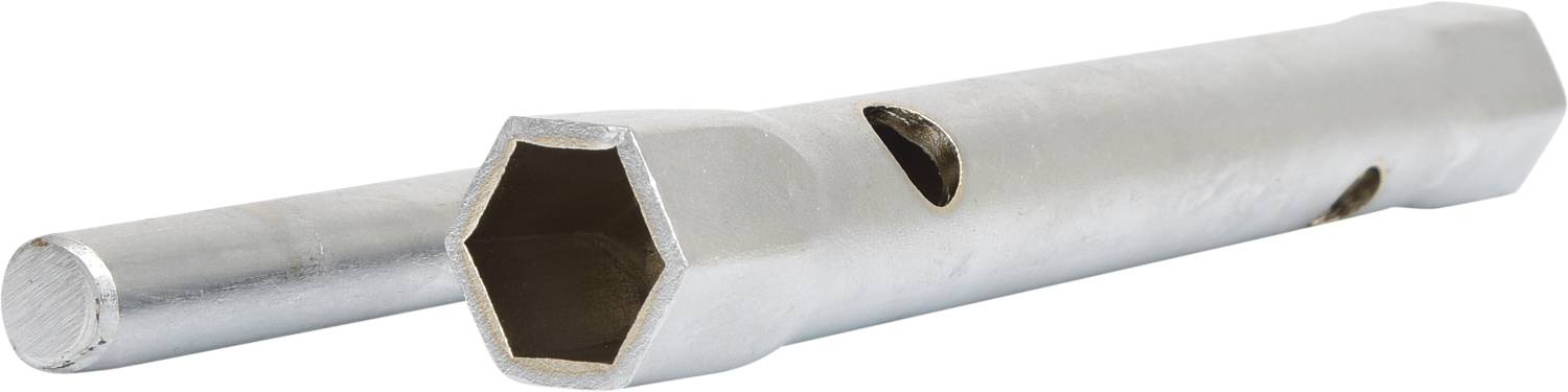 Ein silberner Fahrrad-Schlüssel mit sechseckiger Öffnung, geeignet zum Anziehen oder Lösen von Muttern an Fahrrädern.