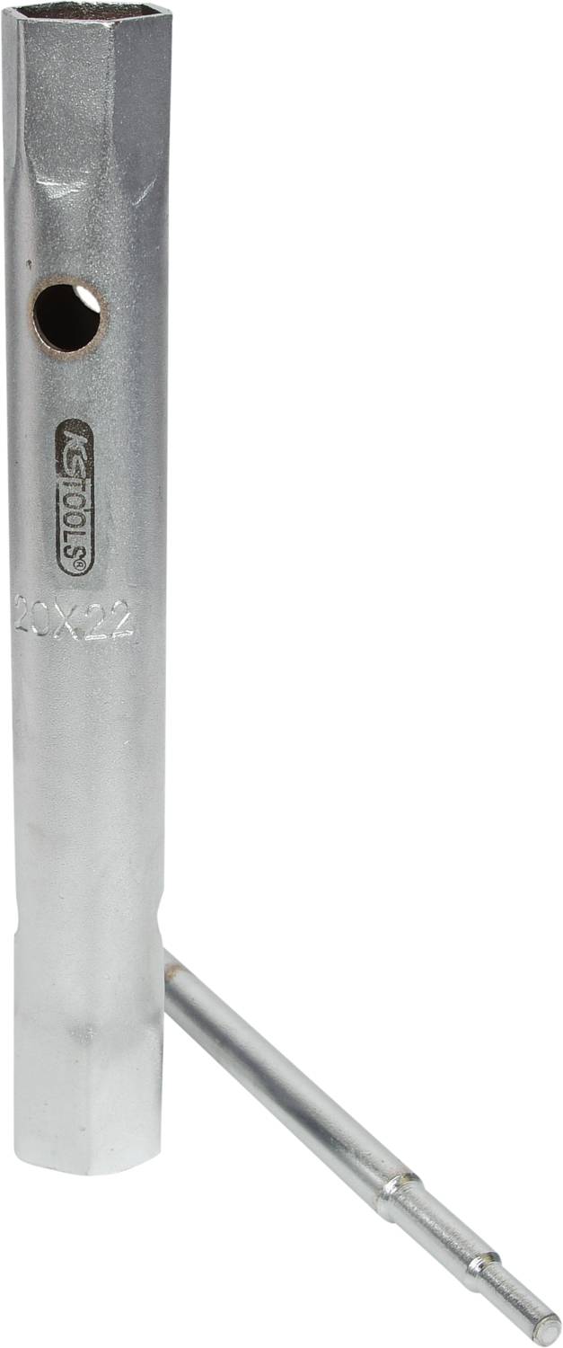 Ein silberner Zündkerzenschlüssel mit einem Hebel zur einfacheren Handhabung. Geeignet zum Entfernen oder Anziehen von Zündkerzen.